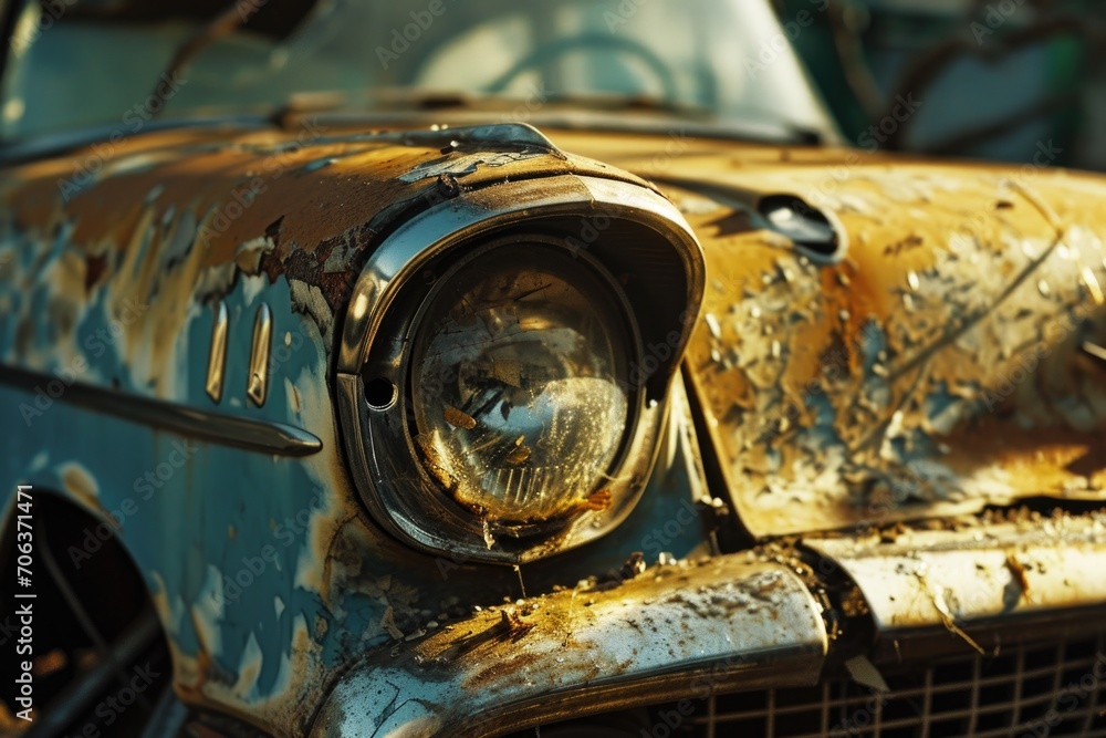 An old, rusted car parked in a lot. Perfect for automotive themes or abandoned urban settings
