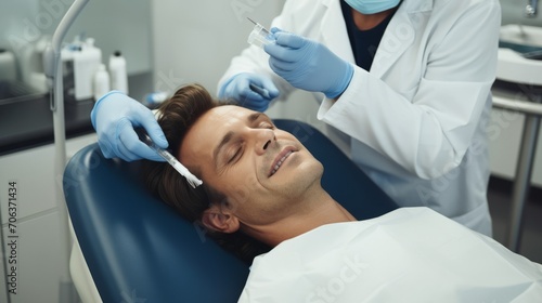 Close-up of a positive man lying on a couch while a cosmetologist prepares to inject a filler for lip augmentation at the clinic. Spa treatments, beauty, concepts.
