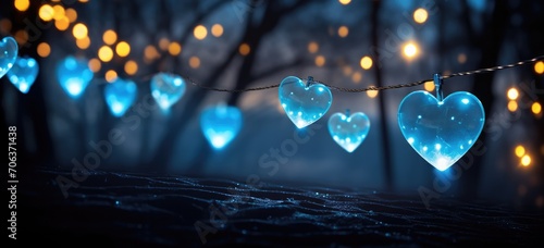 Illuminated heart-shaped lights against nocturnal winter backdrop. Romantic ambiance.