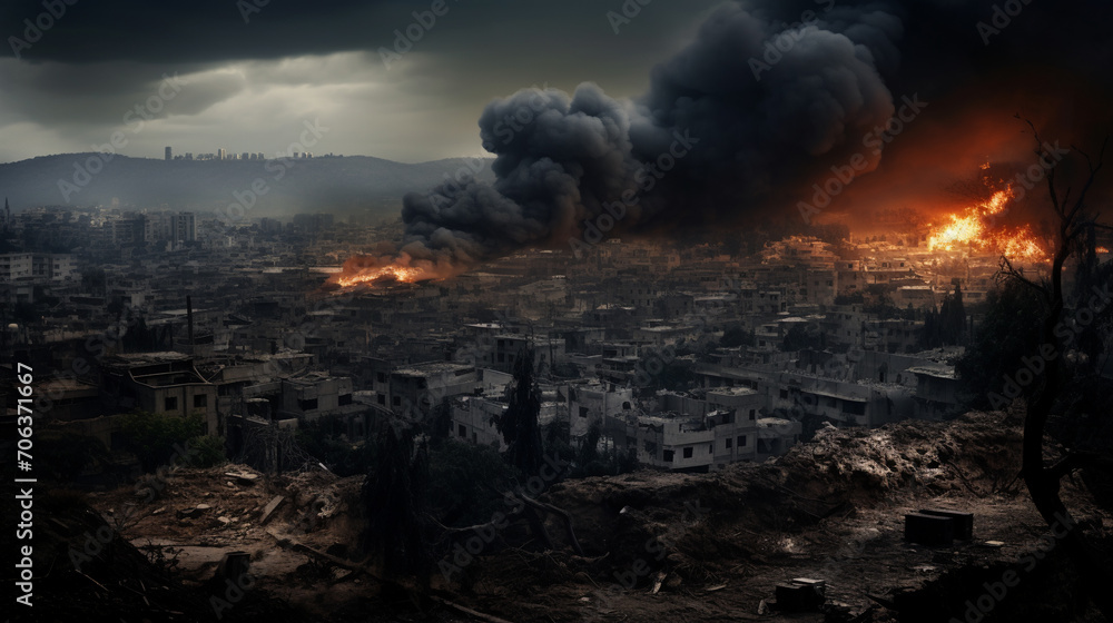 Israeli City covered by dark smoke, AI Generative. Israeli City covered by dark smoke, AI Generative.