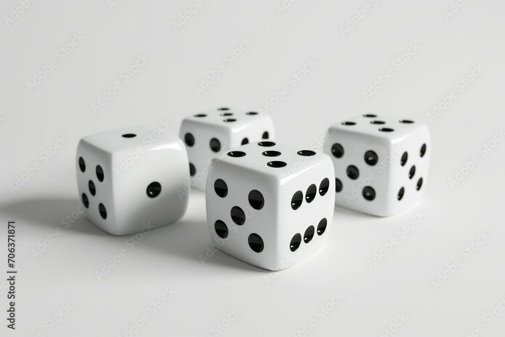 Three white dice sitting on top of a table. Suitable for gambling or board game concepts Three white dice sitting on top of a table. Suitable for gambling or board game concepts