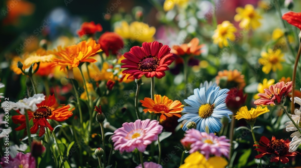 A vibrant field of colorful flowers with a person standing in the background. Perfect for nature and outdoor-related projects A vibrant field of colorful flowers with a person standing in the background. Perfect for nature and outdoor-related projects