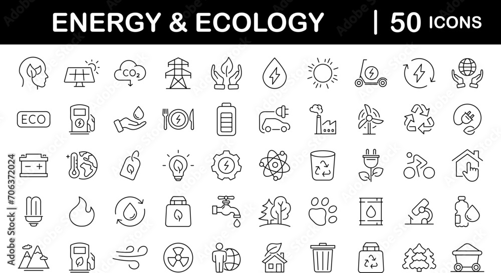 Green energy set of web icons in line style. Ecology icons for web and mobile app. Solar panel, recycle, eco, green electricity, nature, bio, power, water, power and more. Editable stroke