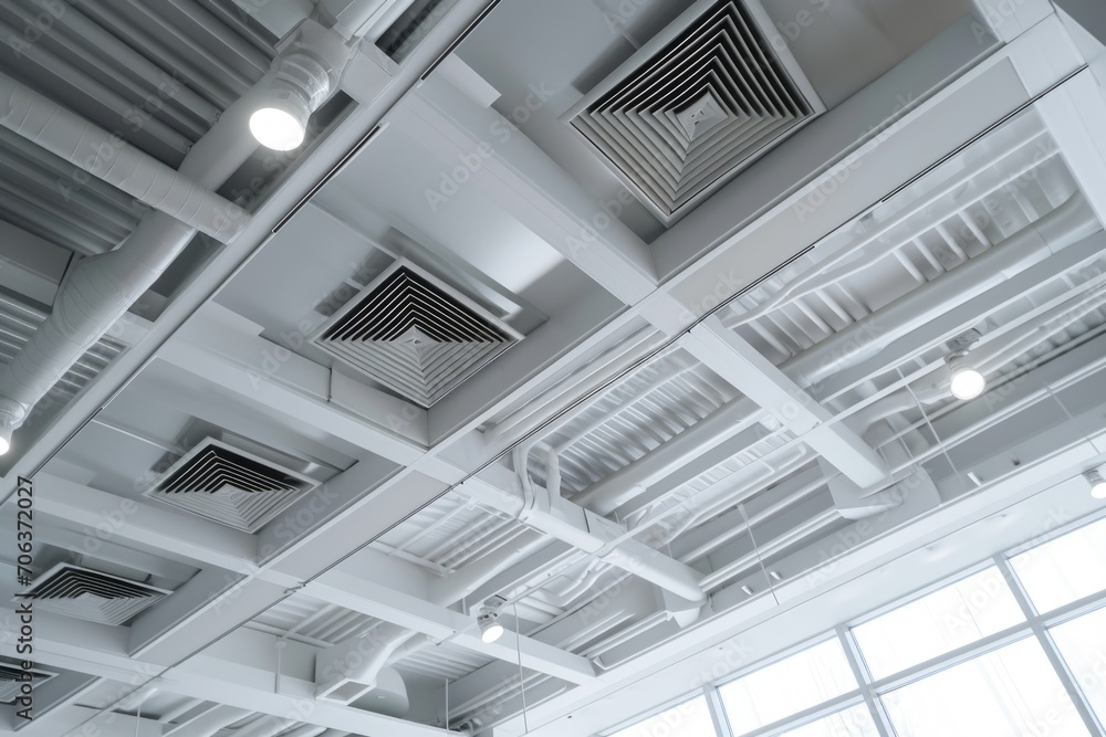 Obraz premium A picture of a ceiling with a cluster of air vents. This image can be used to illustrate ventilation systems or architectural design