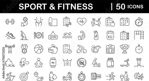 Sport and Fitness set of web icons in line style. Gym and fitness icons for web and mobile app. Healthy lifestyle, exercise, diet, nutrition, weight training, body care, workout. Editable stroke