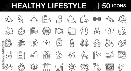 Healthy lifestyle set of web icons in line style. Fitness and sport icons for web and mobile app. Work and rest, physical activity, exercise, gym, sleep, body care and a diet. Editable stroke