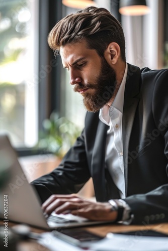 A man with a beard using a laptop. This picture can be used to illustrate technology, remote work, or online communication