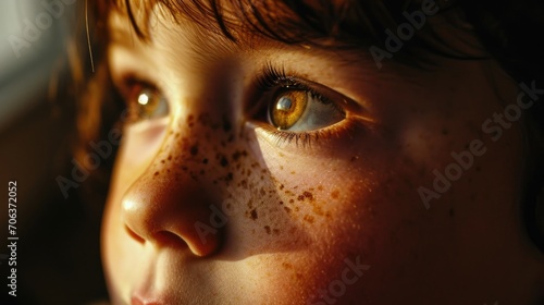 A close-up photograph capturing the unique freckles on a child's face. Perfect for highlighting individuality and natural beauty © Fotograf