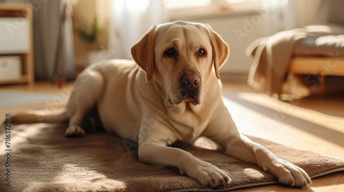 Portrait of healthy dog lying on beige mat and looking at camera indoors in living room at home. Cute labrador retriever resting near bed, sunlight sun flare. Domestic Pet.