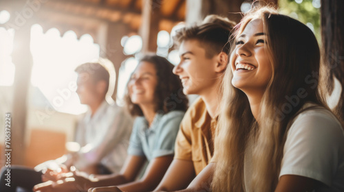 A candid moment capturing a group of joyful teenagers laughing together in a sunlit room, exuding happiness and camaraderie.