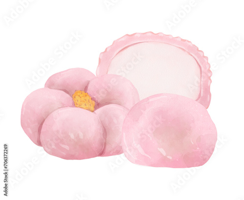 Set of traditional Japanese pink dessert for hanami festival. Hand drawn illustration isolated on white background. Design element for menu, logo, packaging