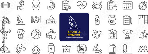Sport and Fitness set of web icons in line style. Gym and fitness icons for web and mobile app. Healthy lifestyle, exercise, diet, nutrition, weight training, body care, workout. Editable stroke