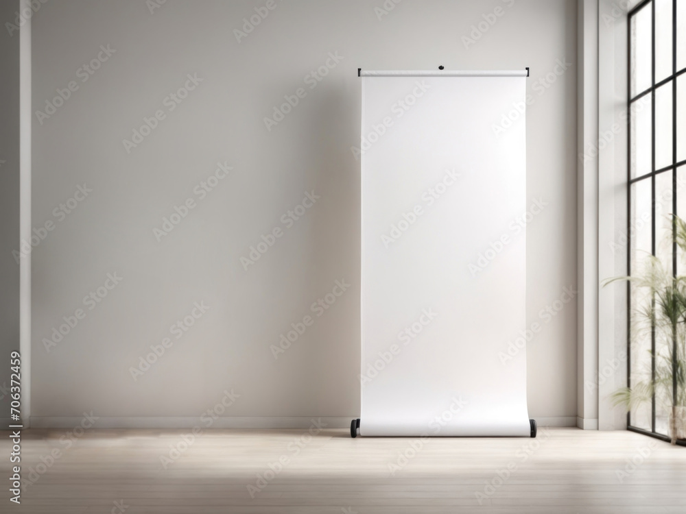 blank white rollup banner display mockup. Generative AI blank white rollup banner display mockup. Generative AI