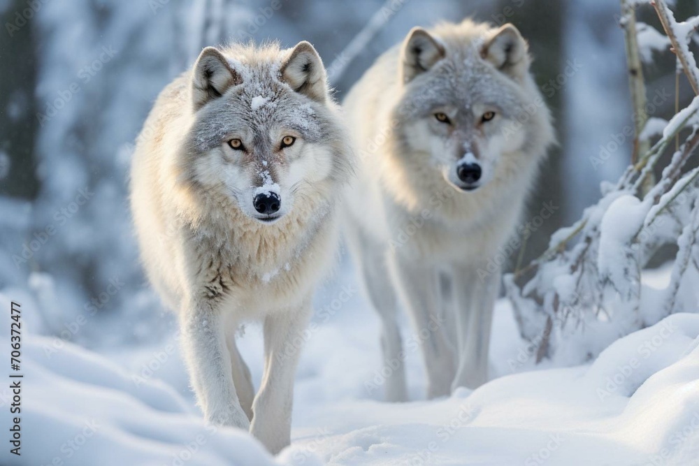 Pair of wolves walking together in snowy landscape. Generative AI