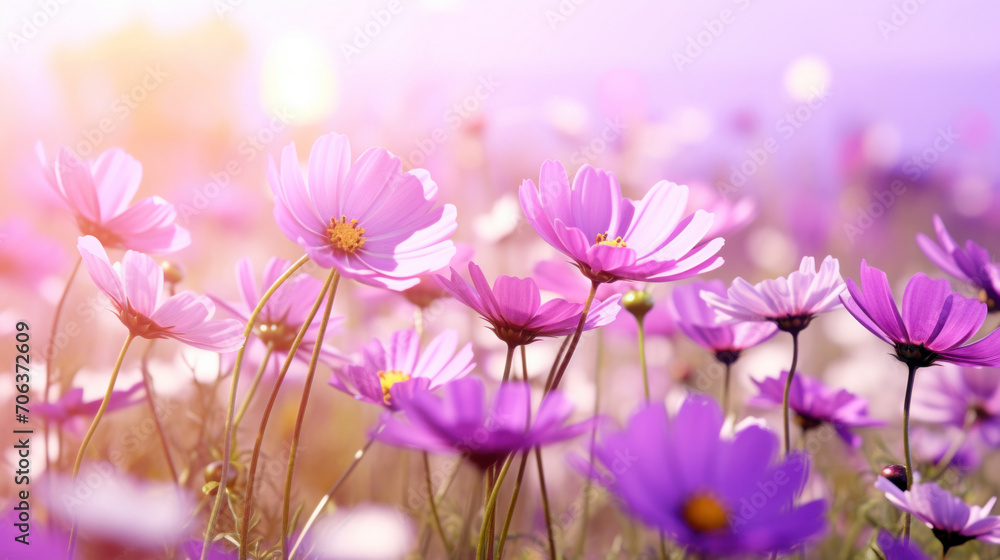 Vivid purple cosmos flowers blooming in a dreamy field with a soft focus background. Vivid purple cosmos flowers blooming in a dreamy field with a soft focus background.