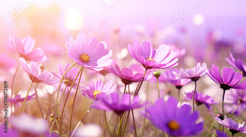 Vivid purple cosmos flowers blooming in a dreamy field with a soft focus background.