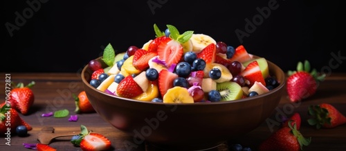 Nourishing fruit salad with banana  strawberries  grapes and nasturtium.