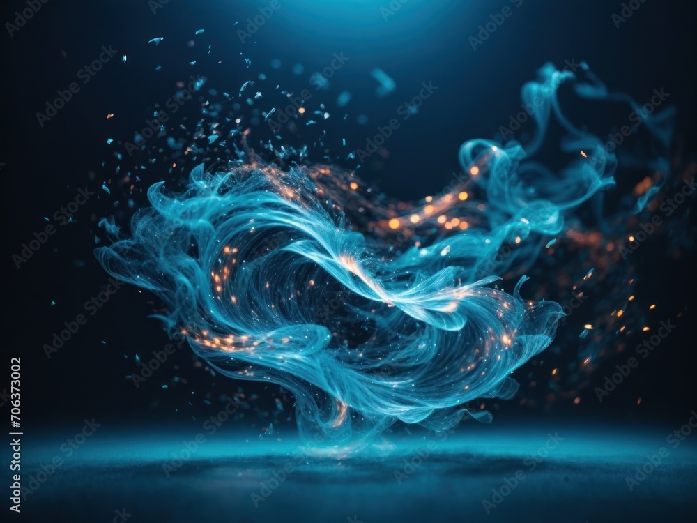 blue glowing light particle flowing in air blue background. Generative AI