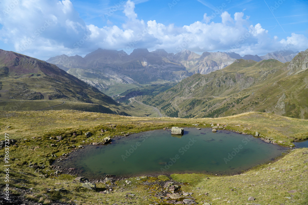 Scenery of alpine mountain lake in Pyrenees. Disconnection in the nature