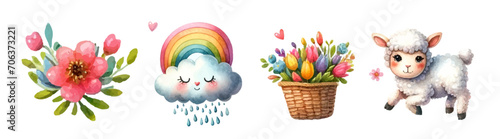 Watercolor set of flowers and beautiful elements, colorful illustrations, clip art elements, ready to print. Perfect for invitation, card, banner, decoration, patterns, stickers, wallpapers, textile