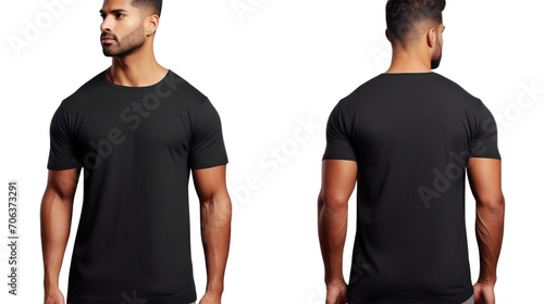 Black t shirt front and back view. Transparent background. PNG