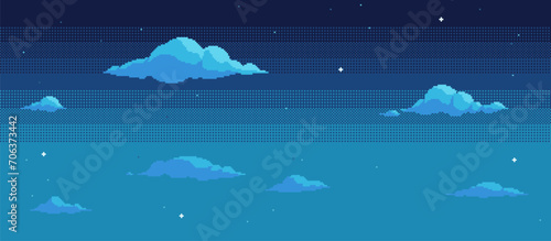 Pixel art night sky background with stars and clouds. Retro video arcade 8-bit style.