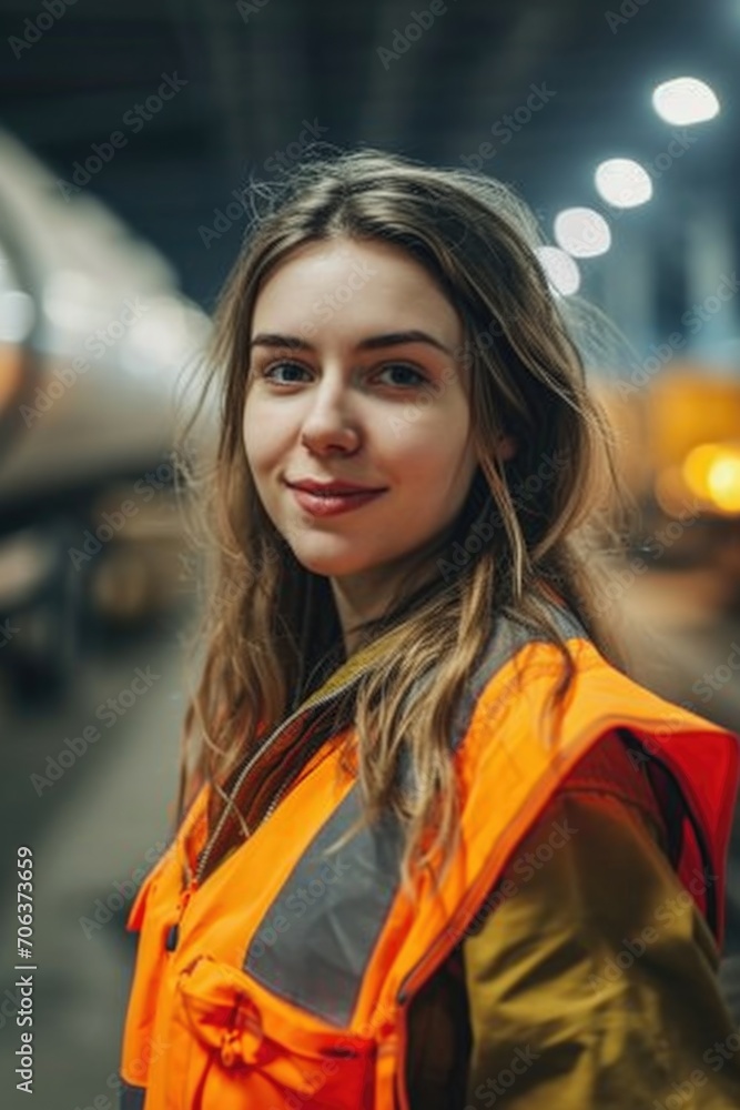 A woman wearing an orange vest is seen standing in a warehouse. This image can be used to represent industrial work, safety, or logistics A woman wearing an orange vest is seen standing in a warehouse. This image can be used to represent industrial work, safety, or logistics