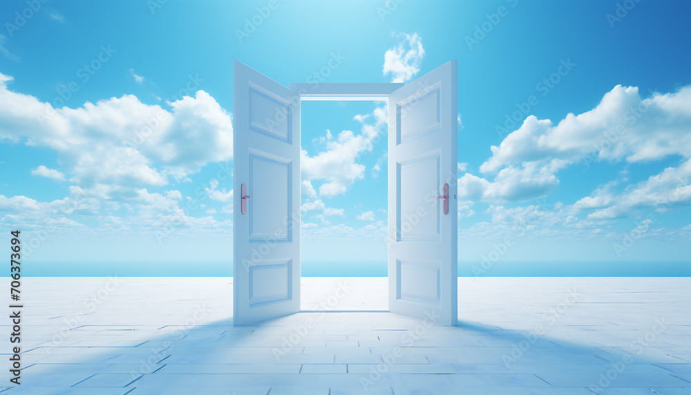 Recreation of white open gates, allegory of the entrance to the kingdom of heaven Recreation of white open gates, allegory of the entrance to the kingdom of heaven