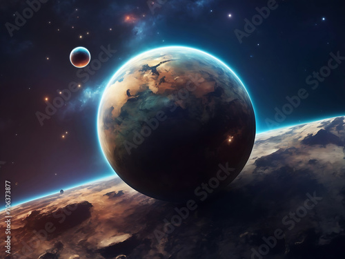 Illustration of a planet on the background of space. Background with texture