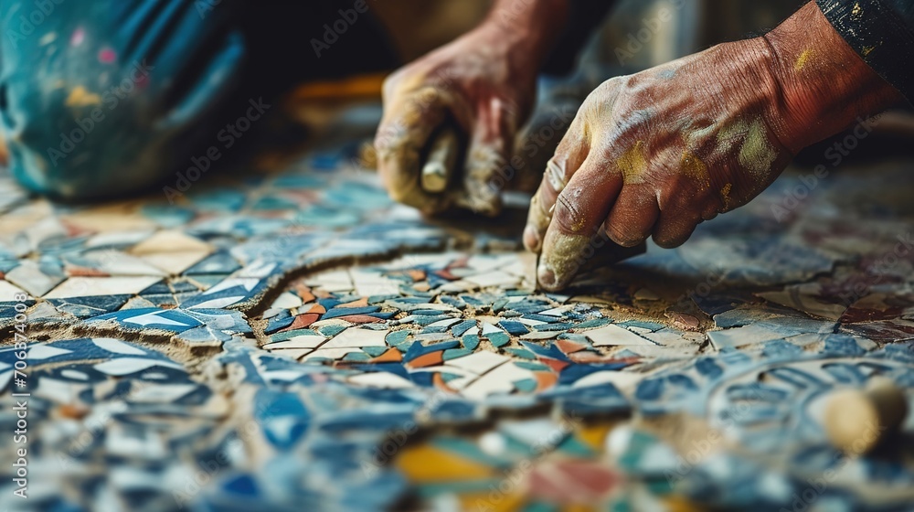 An experienced tiler who installs intricate mosaic tiles.Created with Generative Ai technology. An experienced tiler who installs intricate mosaic tiles.Created with Generative Ai technology.