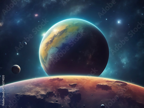 Illustration of a planet on the background of space. Background with texture