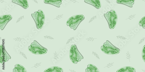 Seamless pattern with Gua Sha scraping Massage tool. Natural scraper and stone roller for anti-anging. Trendy skin care. Vector flat style for presentation, make-up, beauty, web, blog, social media.