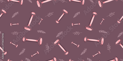 Seamless pattern with Gua Sha scraping Massage tool. Natural scraper and stone roller for anti-anging. Trendy skin care. Vector flat style for presentation, make-up, beauty, web, blog, social media.