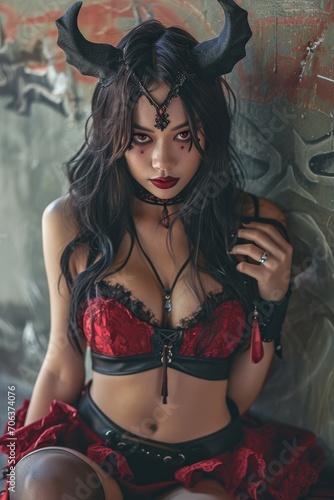Woman devil, demon with horns, sexy hot sinful girl, horror scary with wings magical creature