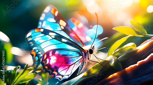 Vibrant Butterfly on a Leaf with Sun Flare