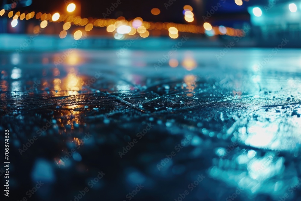 A wet sidewalk illuminated by lights in the background. Suitable for urban scenes or rainy night concepts A wet sidewalk illuminated by lights in the background. Suitable for urban scenes or rainy night concepts