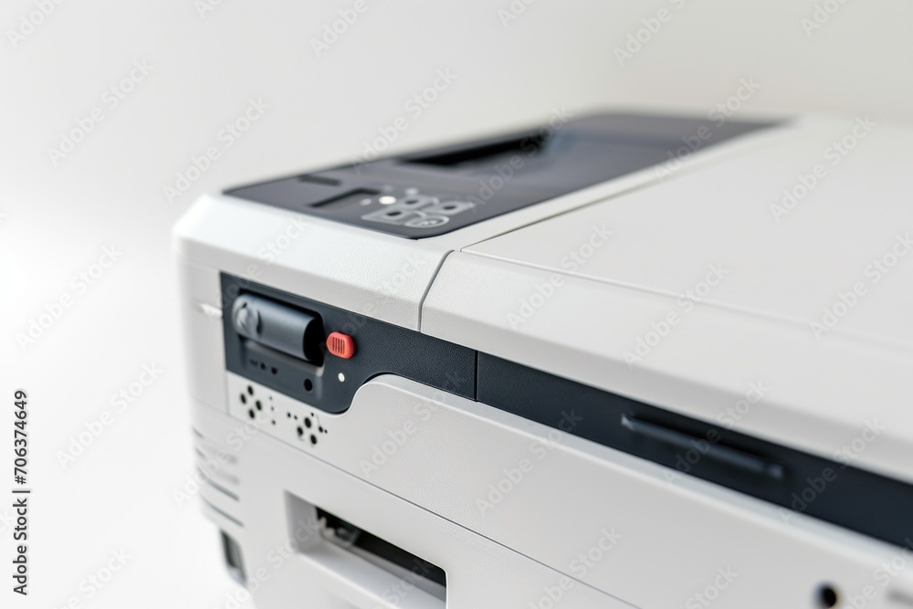 A white printer sitting on top of a table. Can be used for office or home workspace concepts A white printer sitting on top of a table. Can be used for office or home workspace concepts