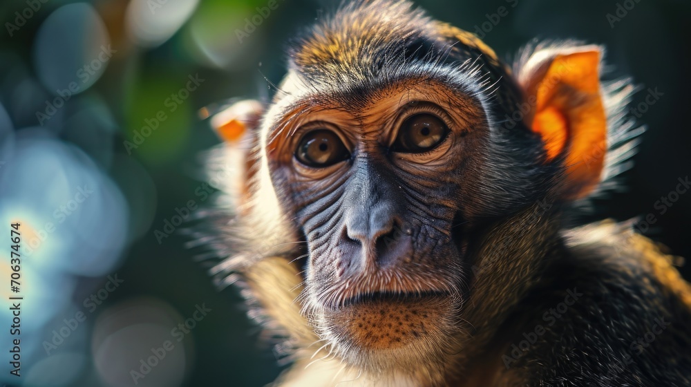 A close-up shot of a monkey's face with a blurry background. Can be used to depict wildlife, animals, or nature in general A close-up shot of a monkey's face with a blurry background. Can be used to depict wildlife, animals, or nature in general