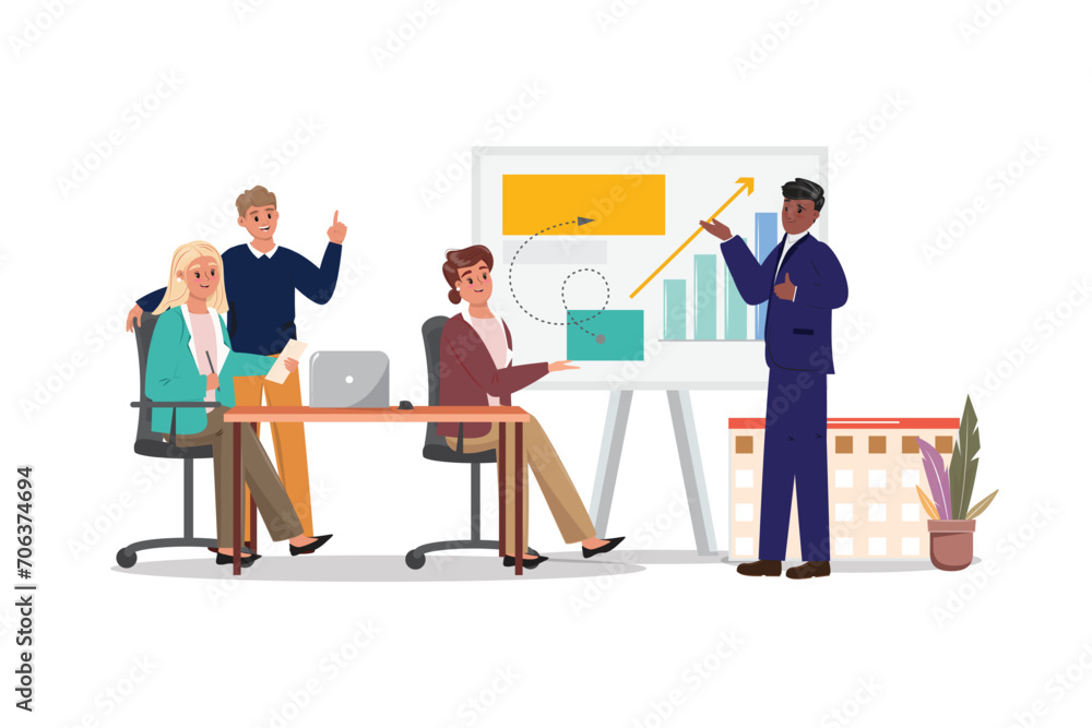 Young diverse colleagues discussing a project for business growth. Young diverse colleagues discussing a project for business growth.