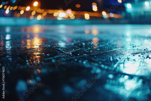 A wet sidewalk illuminated by lights in the background. Suitable for urban scenes or rainy night concepts