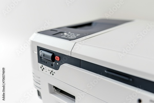 A white printer sitting on top of a table. Can be used for office or home workspace concepts