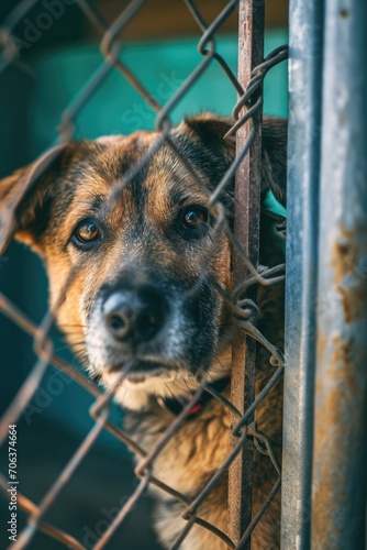 Close-up shot of a dog peering through a chain link fence. Perfect for illustrating concepts of confinement, longing, or protection.