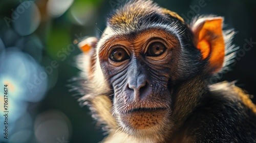 A close-up shot of a monkey's face with a blurry background. Can be used to depict wildlife, animals, or nature in general