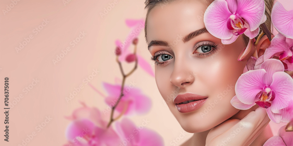 Traumhaftes Model Gesicht mit rosa Orchidee für Wellness Kosmetik und Spa als Poster in Nahaufnahme im Querformat Traumhaftes Model Gesicht mit rosa Orchidee für Wellness Kosmetik und Spa als Poster in Nahaufnahme im Querformat