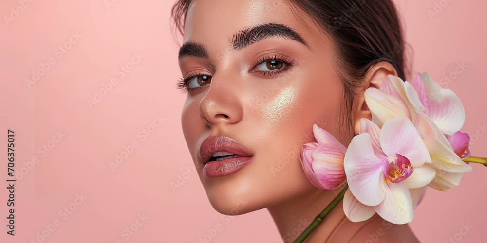 Sexy Model Gesicht mit rosa Orchidee für Wellness Kosmetik und Spa als Poster in Nahaufnahme im Querformat Sexy Model Gesicht mit rosa Orchidee für Wellness Kosmetik und Spa als Poster in Nahaufnahme im Querformat