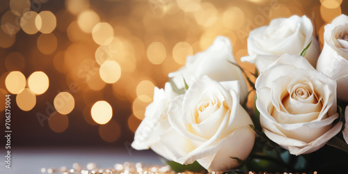 Beautiful white roses on a golden bokeh background.Holiday card, background for birthday, wedding, Valentine's day, Mother's day. Banner. Copy space for text