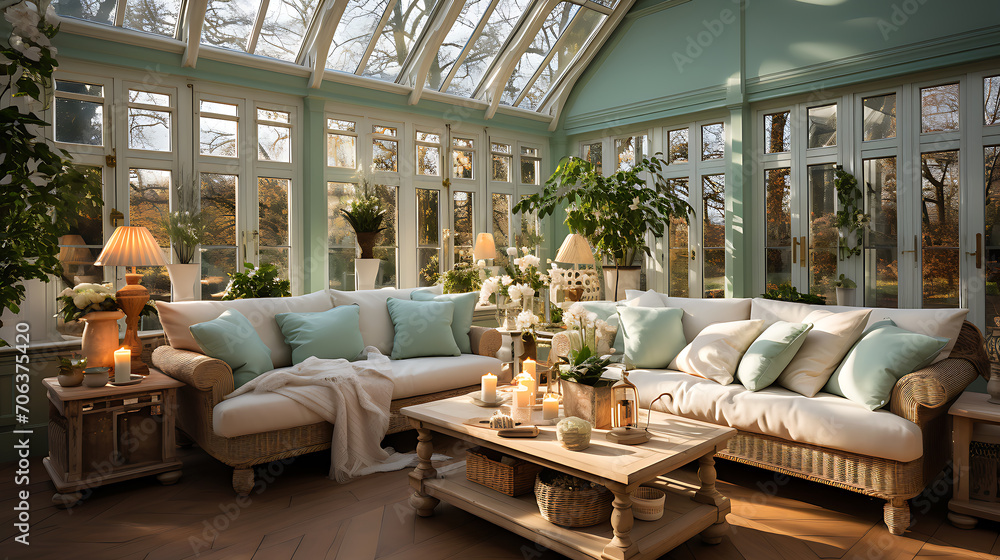 Interior design for a conservatory in a pale sage green colour scheme - obrazy, fototapety, plakaty 