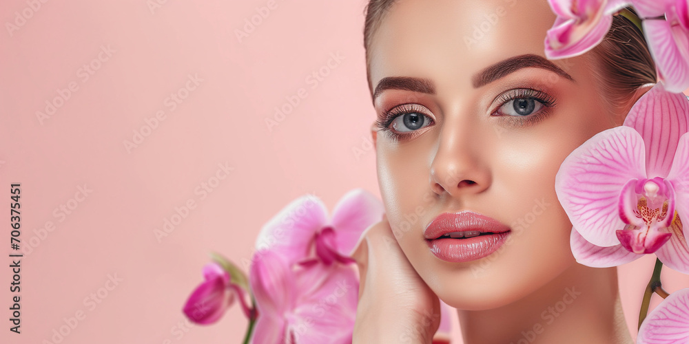 Traumhaftes Model Gesicht mit rosa Orchidee für Wellness Kosmetik und Spa als Poster in Nahaufnahme im Querformat Traumhaftes Model Gesicht mit rosa Orchidee für Wellness Kosmetik und Spa als Poster in Nahaufnahme im Querformat