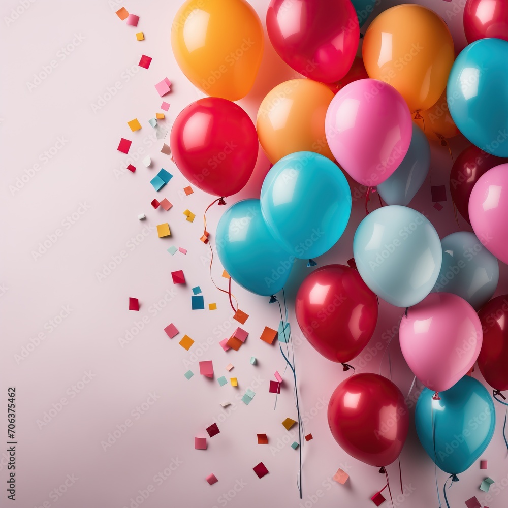 Colorful balloons and confetti on pink background. Birthday or party mockup festive greeting card.