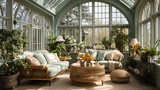 Interior design for a conservatory in a pale sage green colour scheme